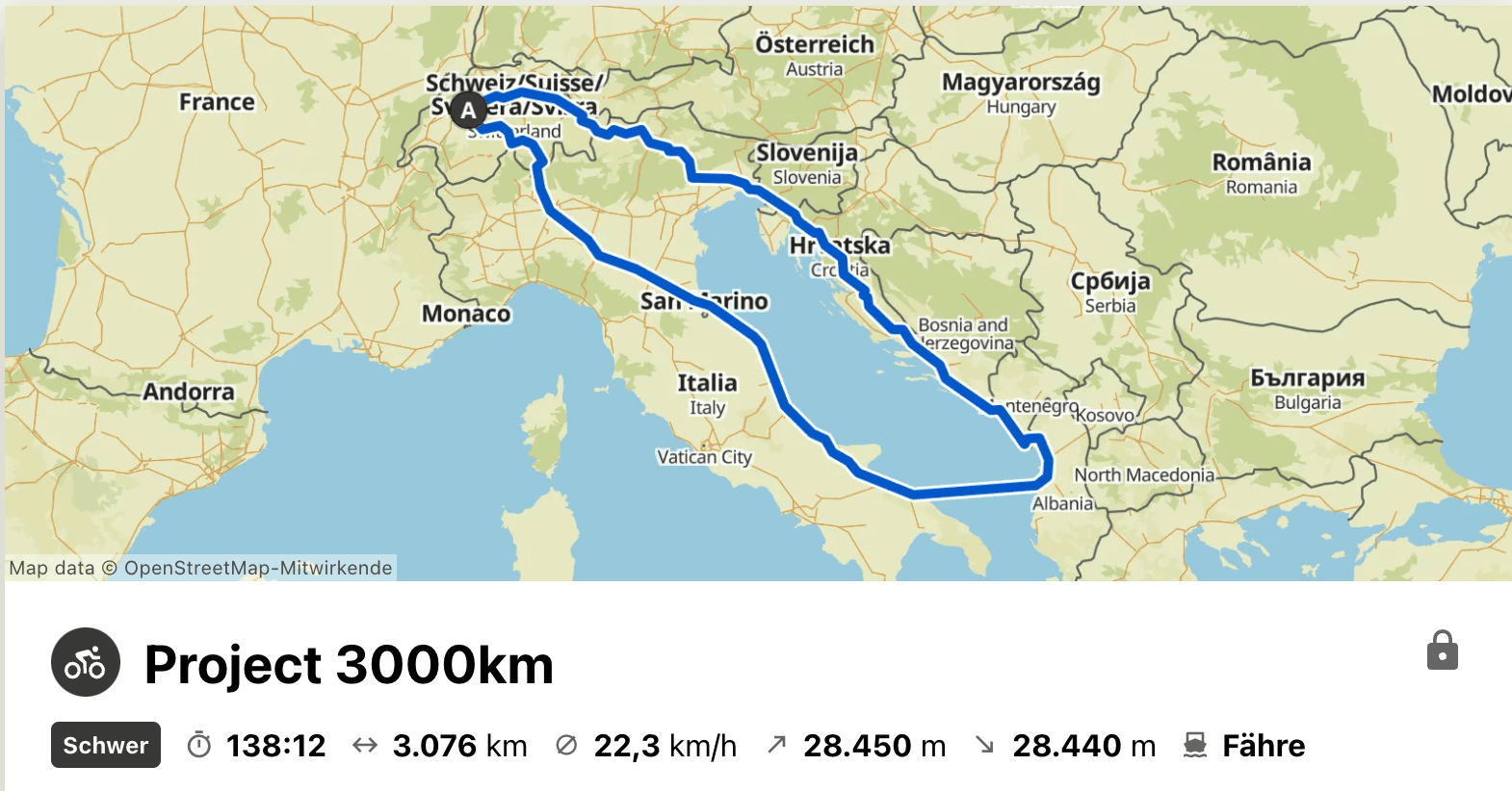 The route of project 3000 spannig from Bern to Montenegro and back